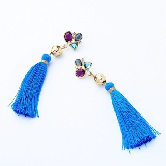 Blue Tassel Fringe Floral Crystal Rhinestone Gold Dangle Statement Earrings - Picture 6 of 11